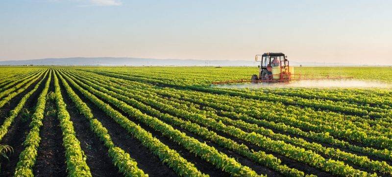 Tractor spraying soybean field